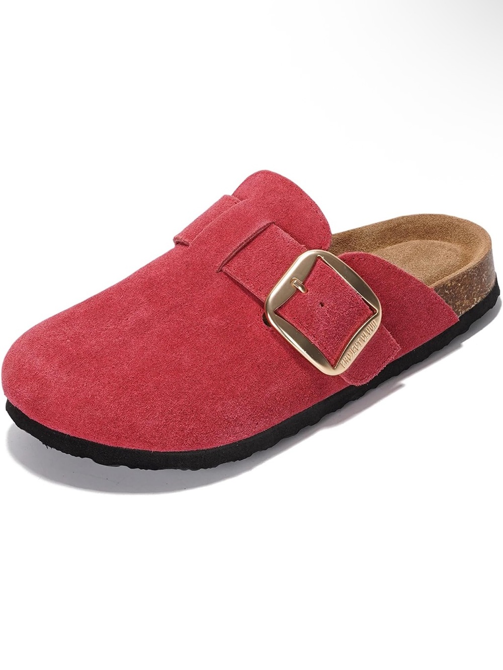 Women's Suede Slip-On Mule with Gold Buckle - Red